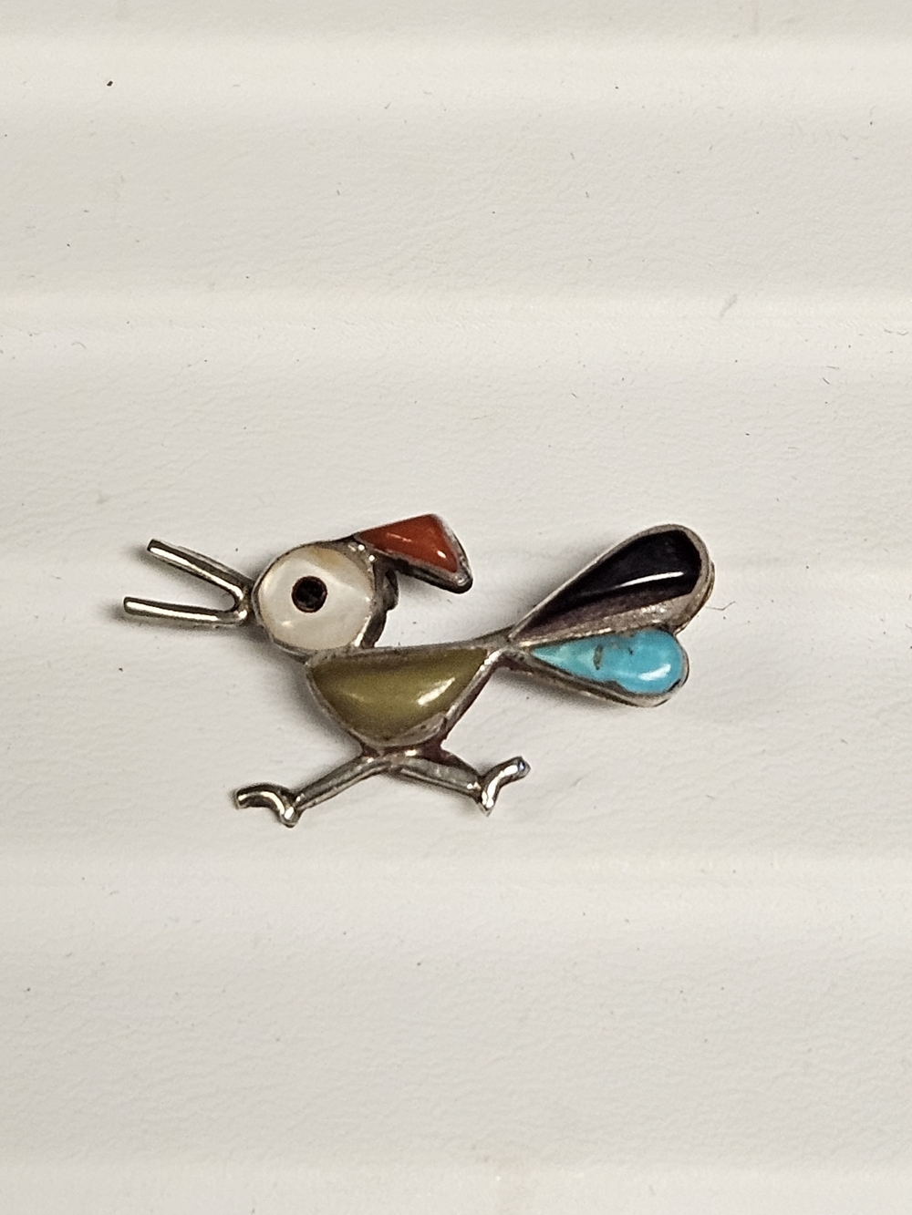 Vintage Zuni Sterling Turquoise Inlay Roadrunner Brooch